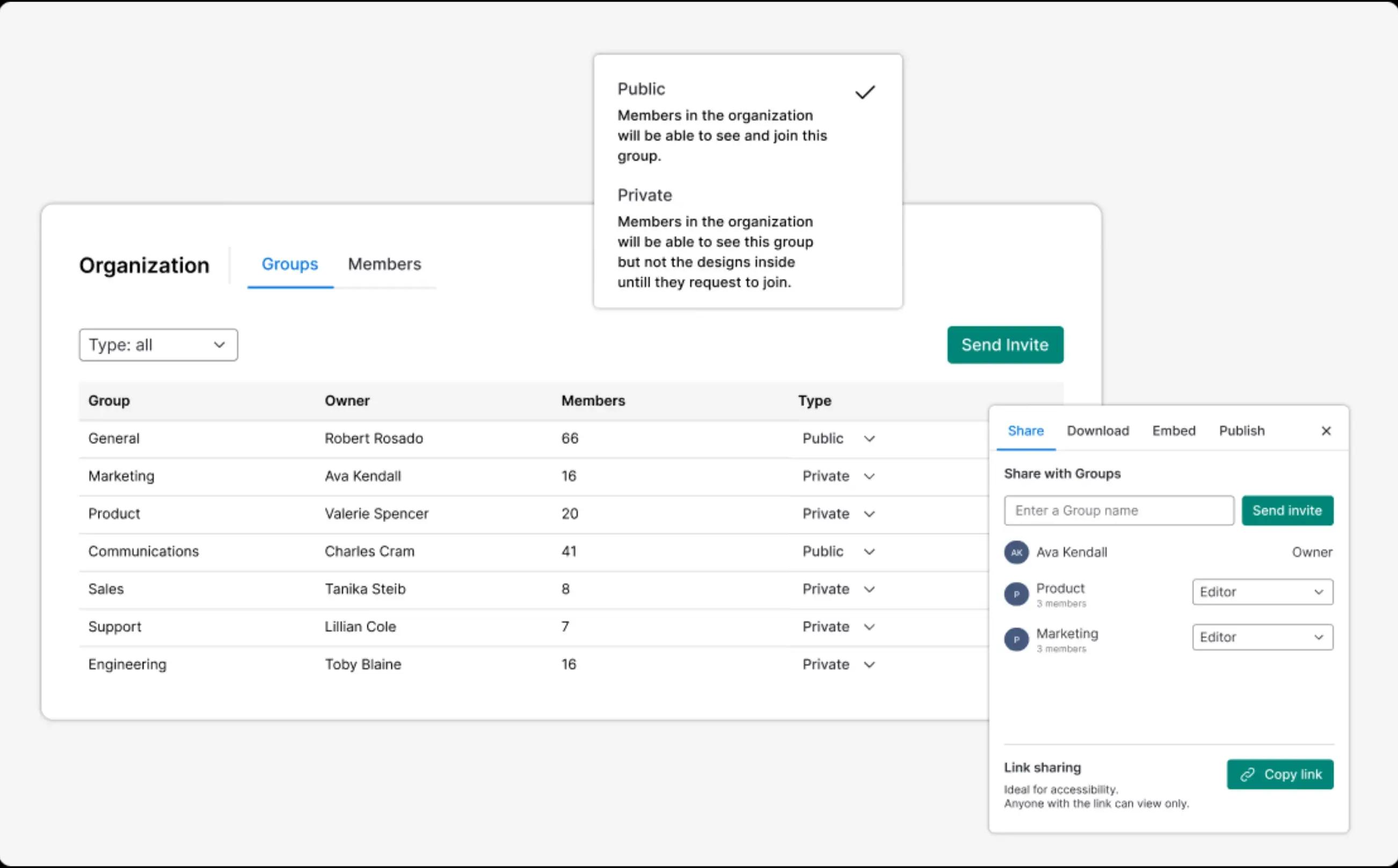 Features of Venngage’s Workspace Admin view, including control over group privacy, sharing designs with groups, and adding members. Features of Venngage’s Workspace Admin view, including control over group privacy, sharing designs with groups, and adding members.